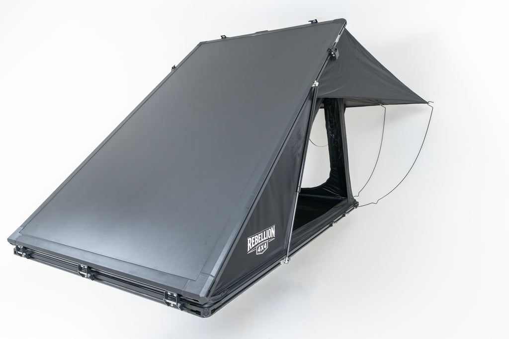 Gray rooftop tent with 'Rebellion4x4' branding on a white background