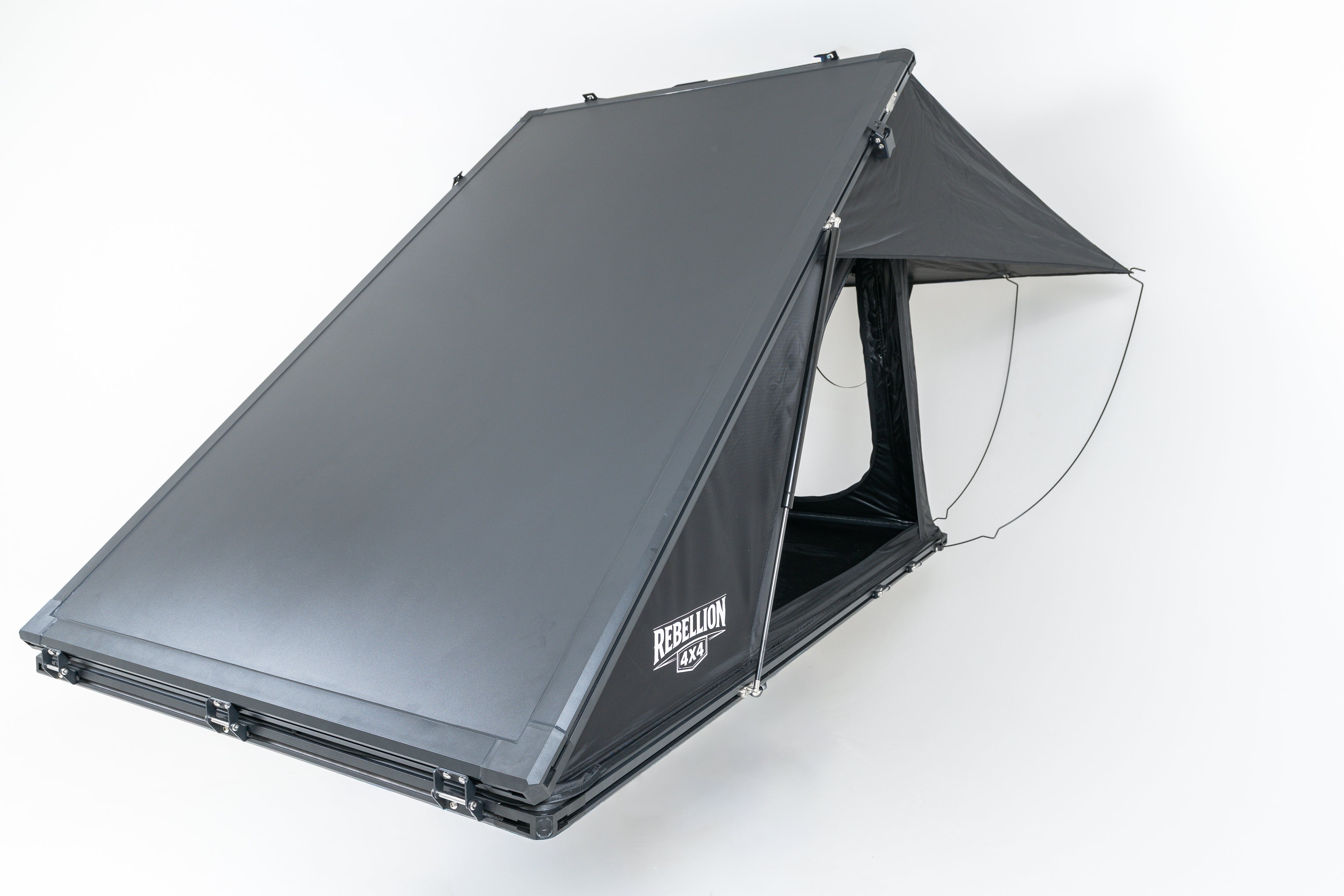 Gray rooftop tent with 'Rebellion4x4' branding on a white background