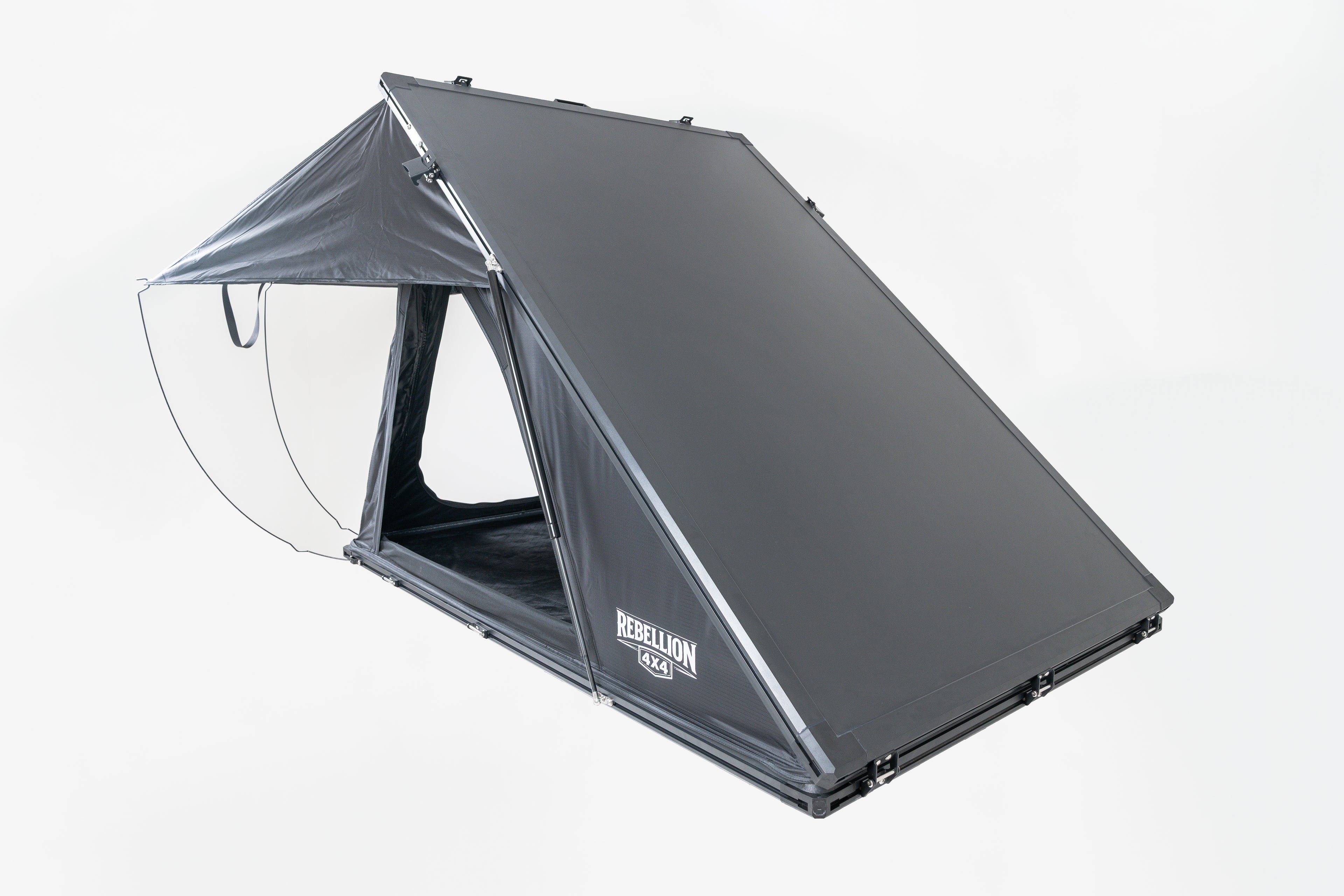 Gray tent with a clear side panel on a white background
