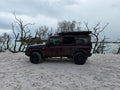 A dark red off-road SUV with a roof top tent is parked on a sandy beach with bare trees and water in the background under an overcast sky.